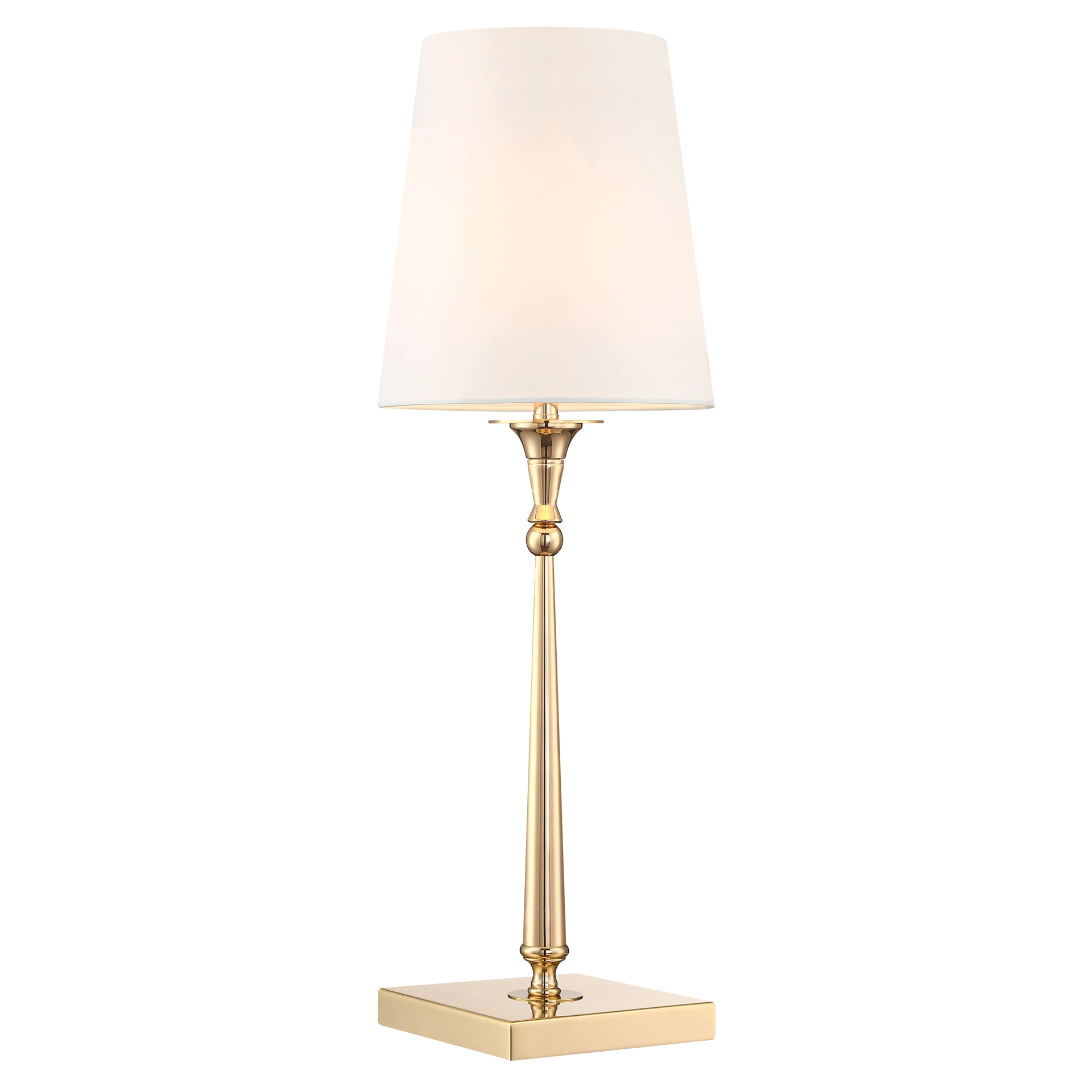 Lampa stołowa Austin 1-punktowa w kolorze złotym. Posiada prostą, metalową podstawę oraz okrągły klosz w kolorze białym. Ujęcie frontalne, lampa stojąca na płaskiej powierzchni. Idealna do eleganckich wnętrz.
