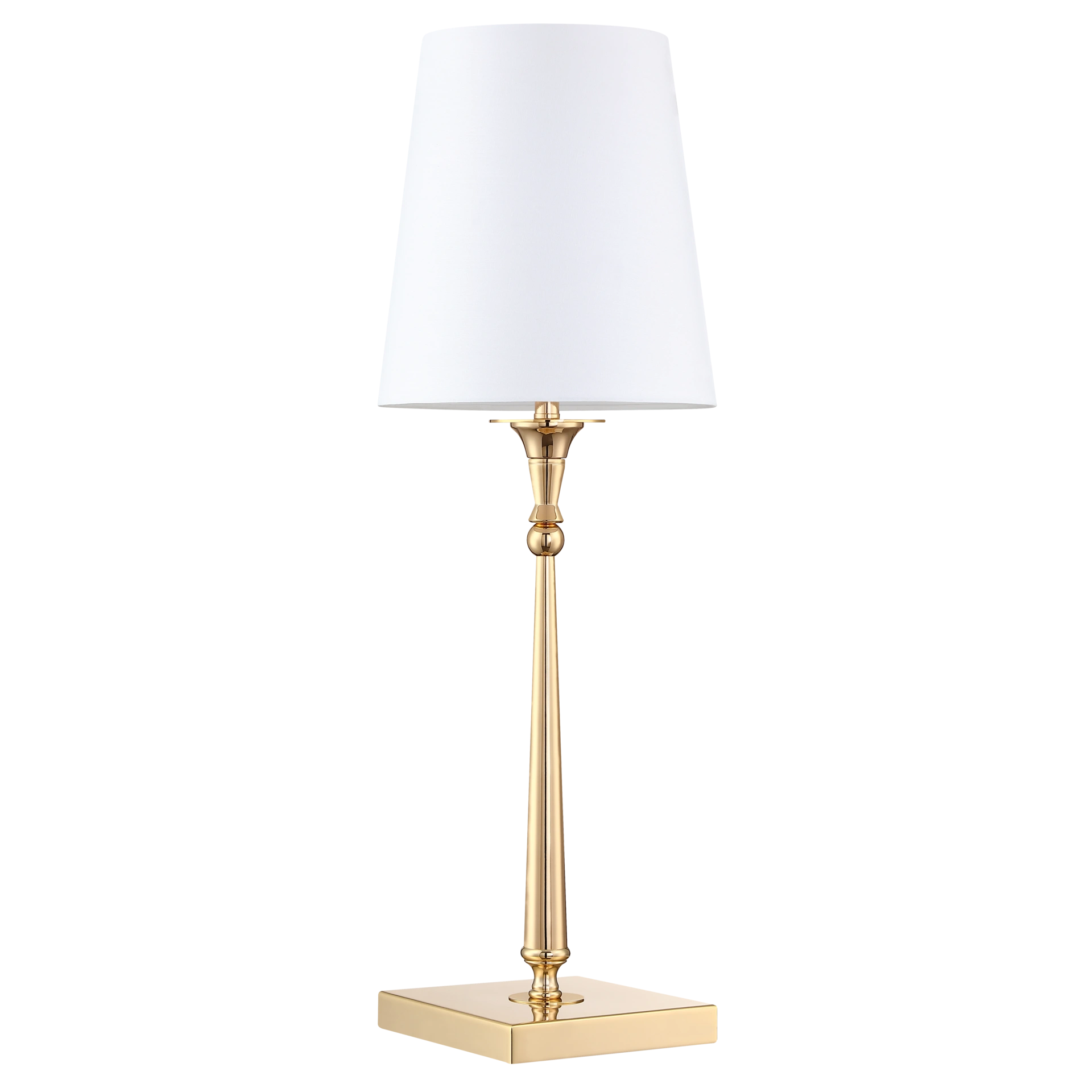 Lampa stołowa Austin 1-punktowa w kolorze złotym, z białym kloszem. Stojąca na kwadratowej podstawie, z elegancką, smukłą nogą. Klosz o cylindrycznym kształcie, w górnej części lekko zwężający się.