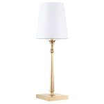 Lampa stołowa Austin 1-punktowa w kolorze złotym, z białym kloszem. Stojąca na kwadratowej podstawie, z elegancką, smukłą nogą. Klosz o cylindrycznym kształcie, w górnej części lekko zwężający się.