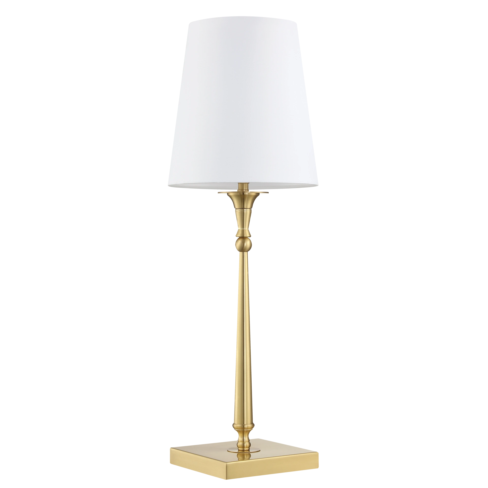 Lampa stołowa Austin z mosiądzu, 1-punktowa. Posiada prostą, kwadratową podstawę oraz biały abażur w kształcie stożka. Ujęcie frontalne, lampa stoi na płaskiej powierzchni, podkreślając elegancki design.