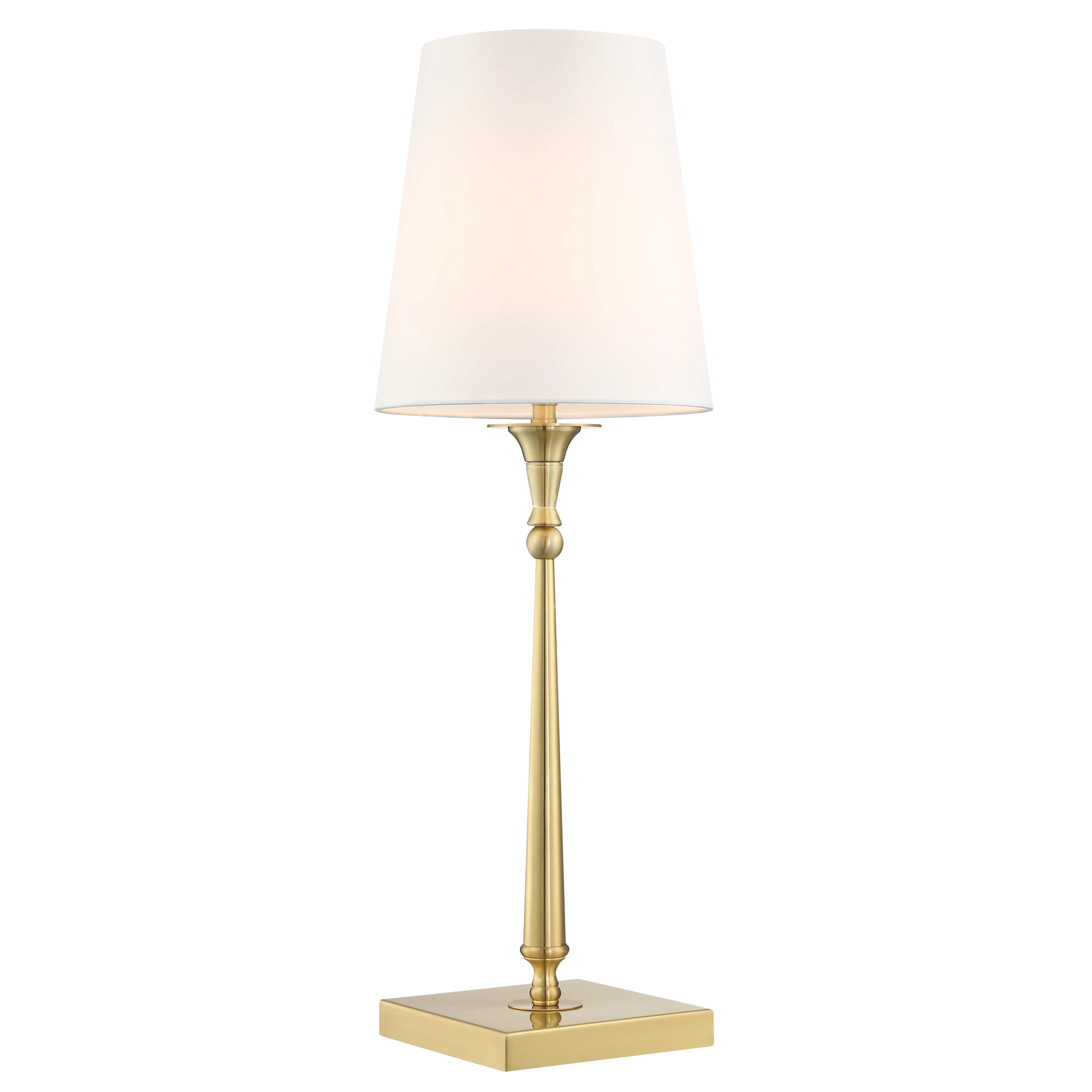 Lampa stołowa Austin w kolorze mosiądzu, z białym kloszem, o prostym, eleganckim designie. Ujęcie frontalne, stojąca na kwadratowej podstawie. Wysoki, smukły kształt, idealna do biurka lub stolika nocnego.