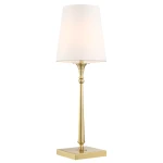 Lampa stołowa Austin w kolorze mosiądzu, z białym kloszem, o prostym, eleganckim designie. Ujęcie frontalne, stojąca na kwadratowej podstawie. Wysoki, smukły kształt, idealna do biurka lub stolika nocnego.