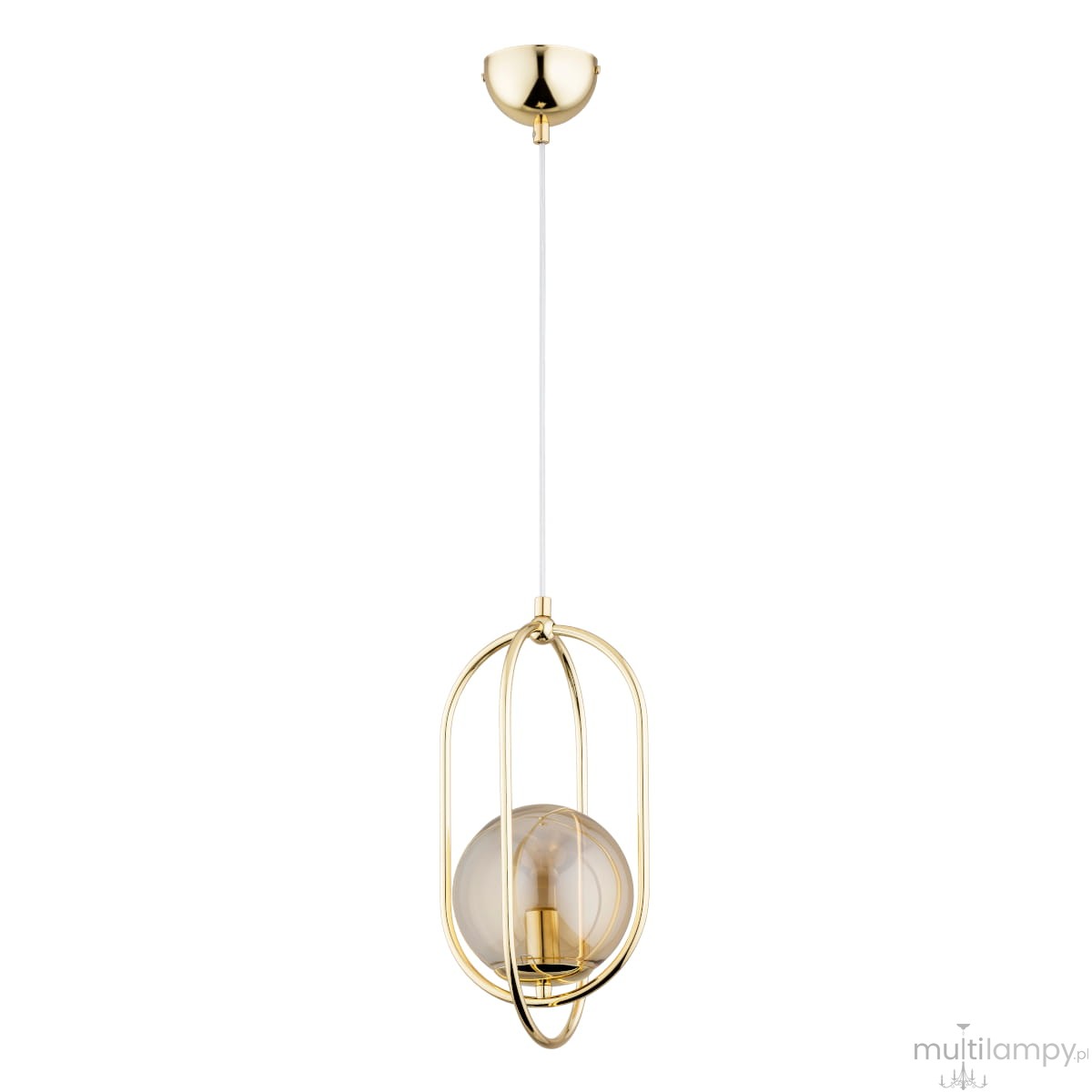 Lampa wisząca Binar 1-punktowa w kolorze złotym z przezroczystą kulą. Prosta konstrukcja z metalowym stelażem w formie owalnej, zawieszona na białym przewodzie. Idealna do nowoczesnych wnętrz.