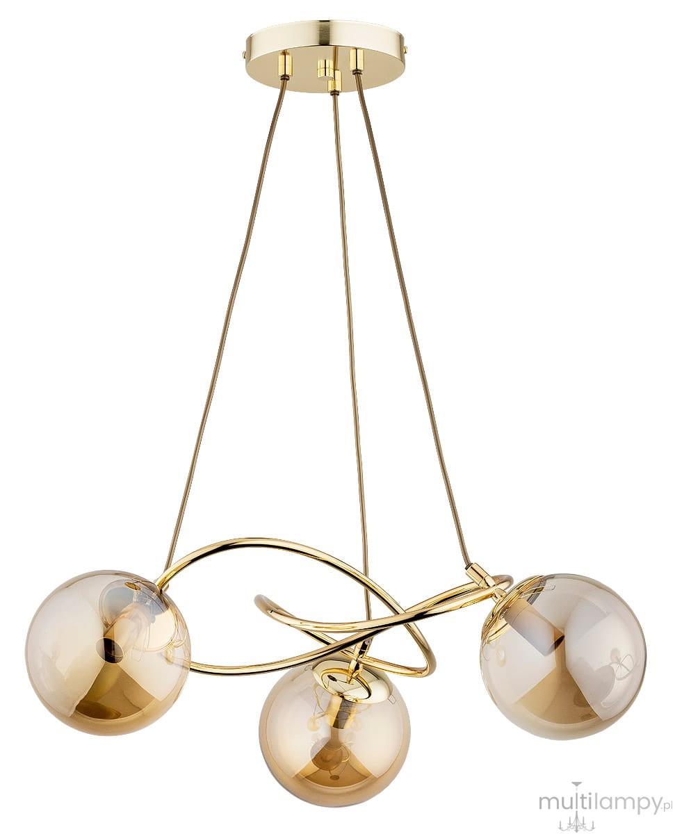 Lampa wisząca Velta 3-punktowa w kolorze złotym. Posiada trzy szklane klosze w kształcie kul, zawieszone na stylowych, złotych linkach. Całość montowana do sufitu, idealna do nowoczesnych wnętrz.
