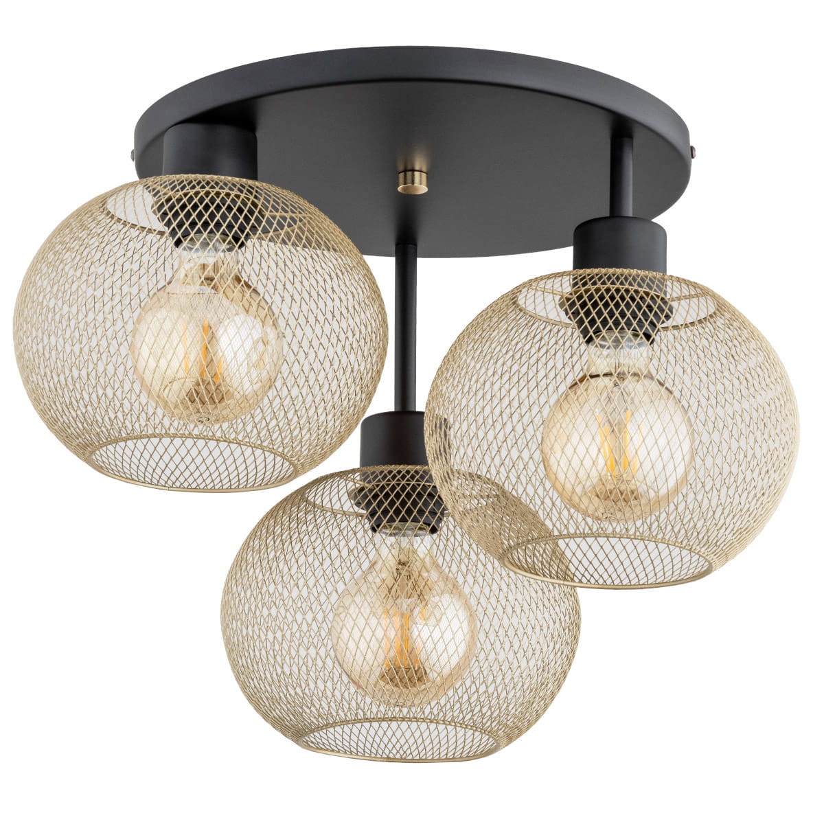 Czarna lampa sufitowa 3-punktowa Kerso z metalowymi kloszami w złotym kolorze. Klosze mają siatkową strukturę, a lampa jest zamontowana na okrągłej podstawie. Widok zbliżony, ukazujący detal i stylowy design.
