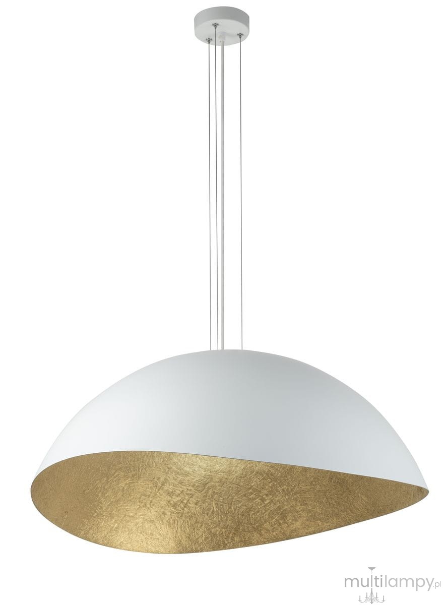 Lampa wisząca Solaris M w kolorze białym z metalicznym złotym wykończeniem, w kształcie półkuli. Zawieszona na trzech cienkich linkach, z klasycznym, okrągłym uchwytem sufitowym. Idealna do nowoczesnych wnętrz.