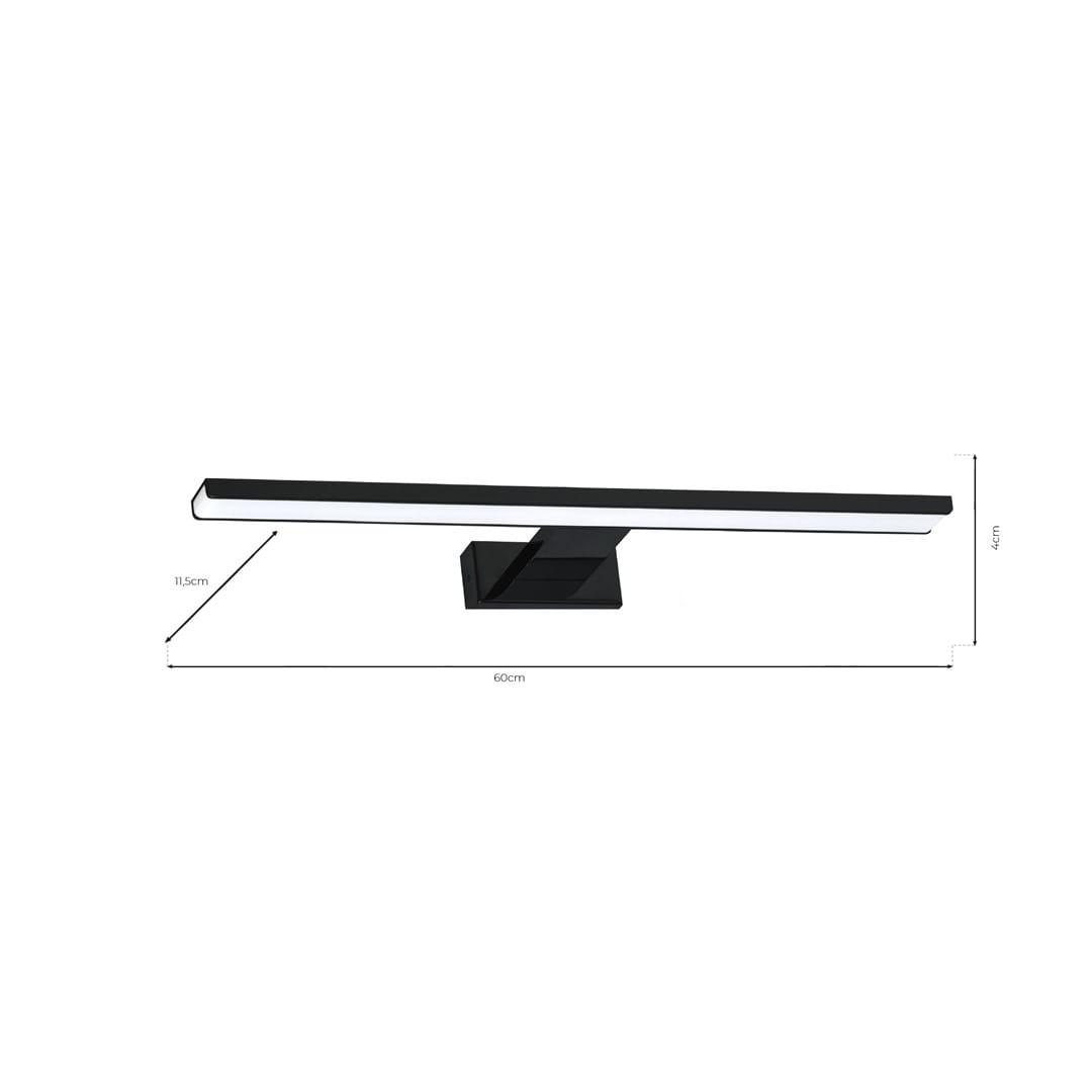 Czarny kinkiet LED Shine IP44, jednopunktowy, o długości 60 cm i wysokości 11,5 cm. Prosty, prostokątny kształt z zamocowaniem na ścianie, idealny do oświetlenia wnętrz. Wymiary: 60 cm x 11,5 cm x 4 cm.
