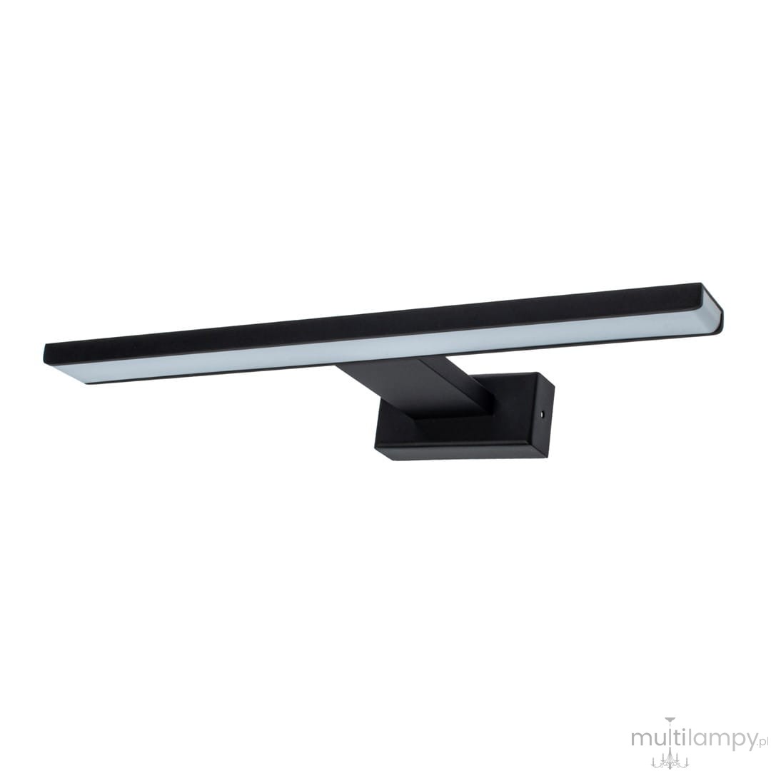 Czarny kinkiet LED Shine IP44, jednolity kształt, długość 30 cm, moc 7W. Uchwyt montażowy prostokątny, z białą, podświetlaną częścią w górnej części. Produkt zamontowany w pozycji poziomej, na jednolitym tle.
