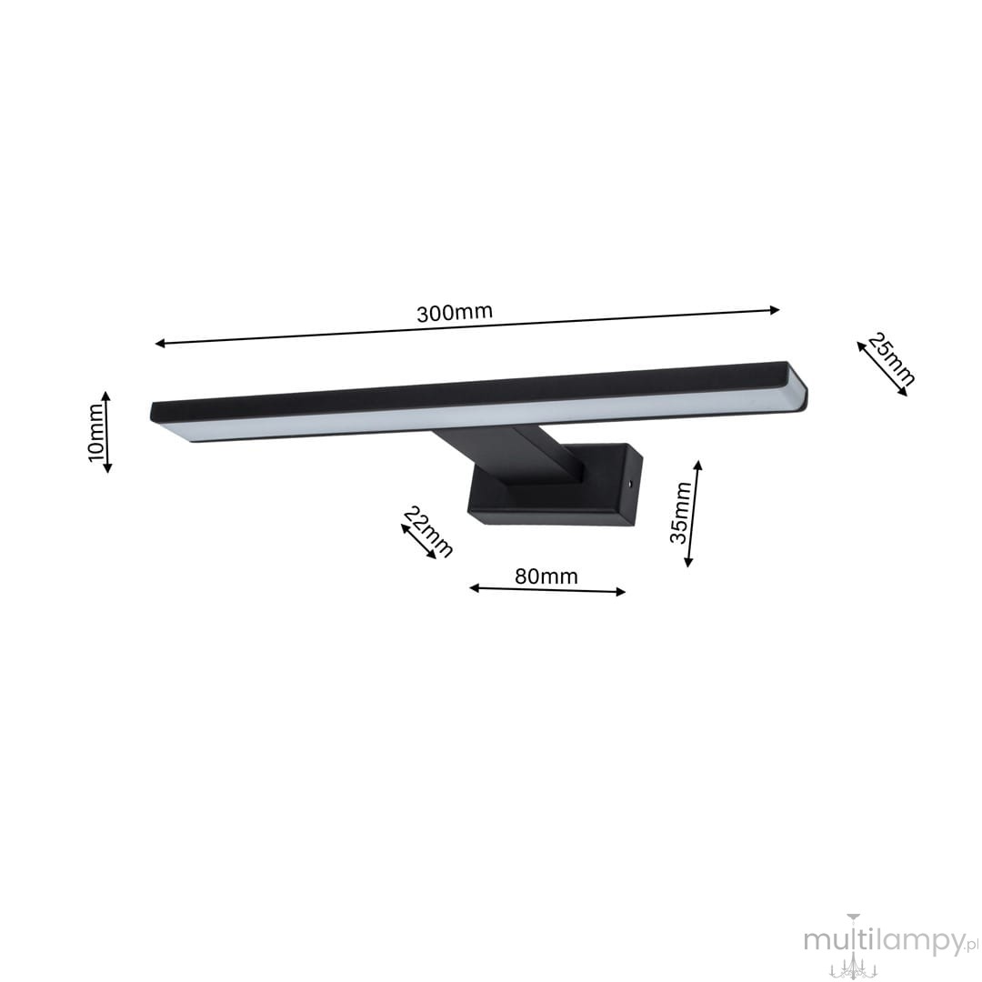 Czarny kinkiet LED Shine IP44 o wymiarach 300mm x 10mm x 25mm, montowany na ścianie. Prosta, prostokątna forma z matowym wykończeniem i białym kloszem. Widoczne mocowanie o wymiarach 80mm x 35mm. Idealny do wnętrz i na zewnątrz.