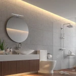Kinkiet Shine LED IP44 w kolorze chromu, zamontowany nad okrągłym lustrem w nowoczesnej łazience. Produkt ma prosty, smukły kształt i emituje jasne światło. Tło stanowi szara płytka ścienna, a w aranżacji widoczna umywalka i toaleta.
