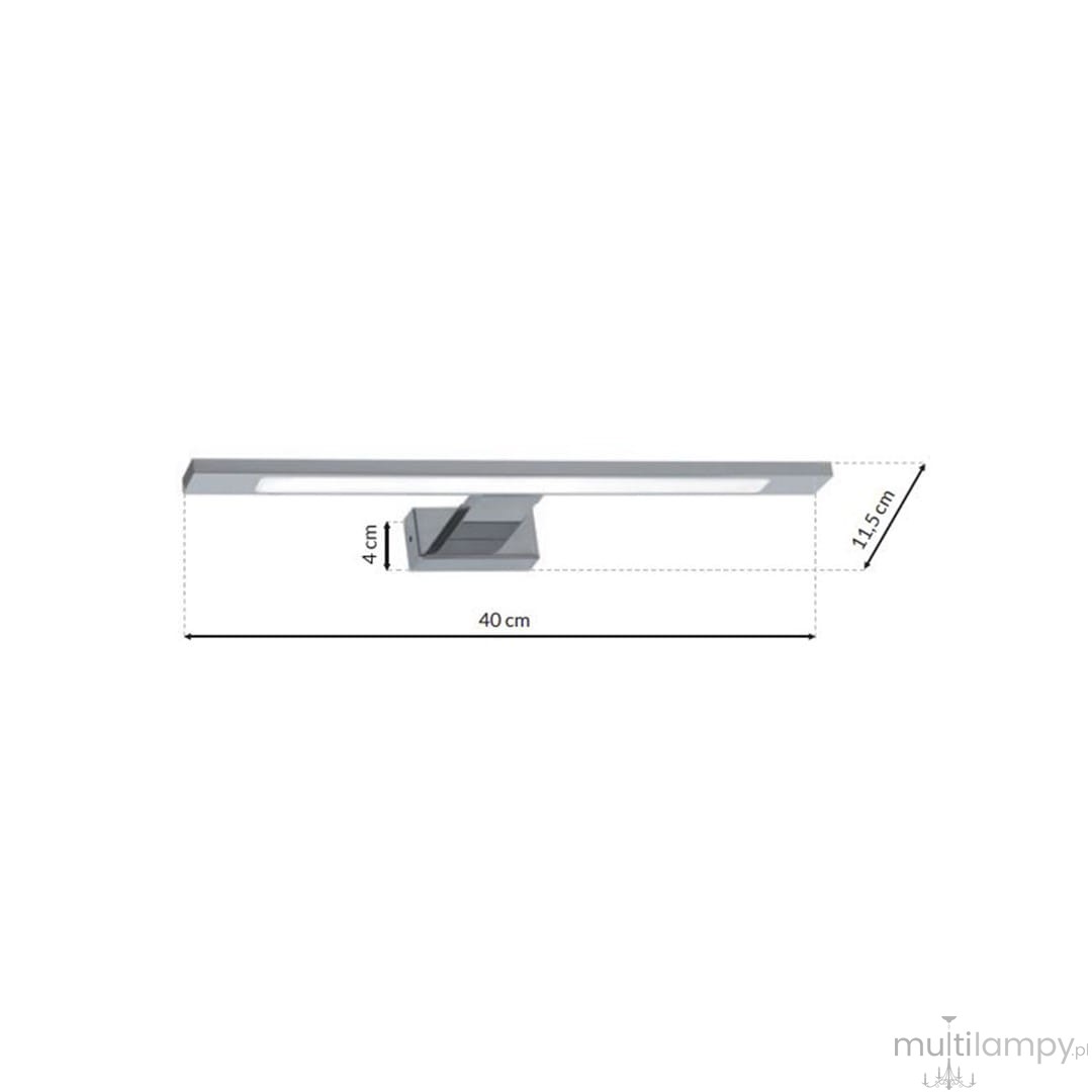 Kinkiet Shine LED IP44 w chromie, długość 40 cm, wysokość 4 cm, głębokość 11,5 cm. Prosty, prostokątny kształt, montowany na ścianie. Oświetlenie LED, idealne do łazienek i przestrzeni o podwyższonej wilgotności.
