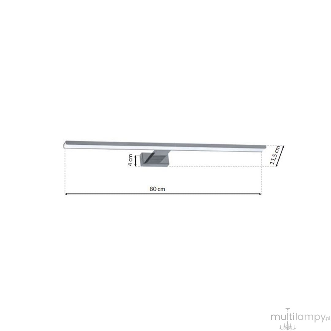 Kinkiet LED Shine IP44 w kolorze chromu, o wymiarach 80 cm długości, 4 cm szerokości i 11,5 cm wysokości. Produkt montowany w poziomie, prostokątny z minimalistycznym designem, idealny do oświetlenia wnętrz.