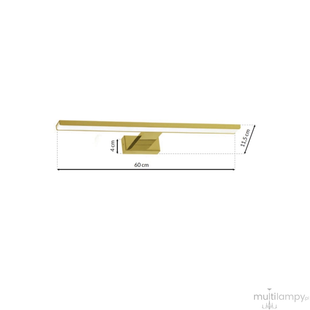 Kinkiet Shine LED IP44 w złotym kolorze o długości 60 cm i wysokości 4 cm. Prostokątny, minimalistyczny kształt z mocowaniem na ścianę. Wymiary wskazują na elegancki design, idealny do nowoczesnych wnętrz.