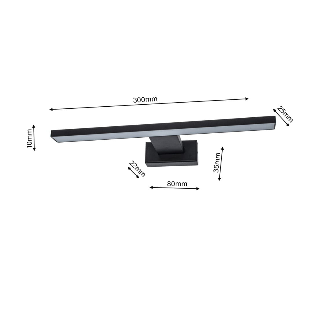 Czarny kinkiet Shine LED IP44 o długości 300 mm i wysokości 10 mm. Posiada prostokątną, płaską konstrukcję z montażowym podstawą o wymiarach 80 mm x 35 mm. Idealny do użytku wewnętrznego i zewnętrznego.