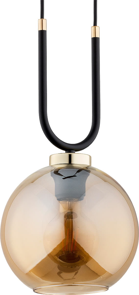 Lampa wisząca Gemma 1-punktowa w kolorze czarnym i złotym. Okrągła szklana kula w odcieniu brązowym z metalowym wykończeniem u góry. Produkt zawieszony na czarnym przewodzie, widoczny z przodu.
