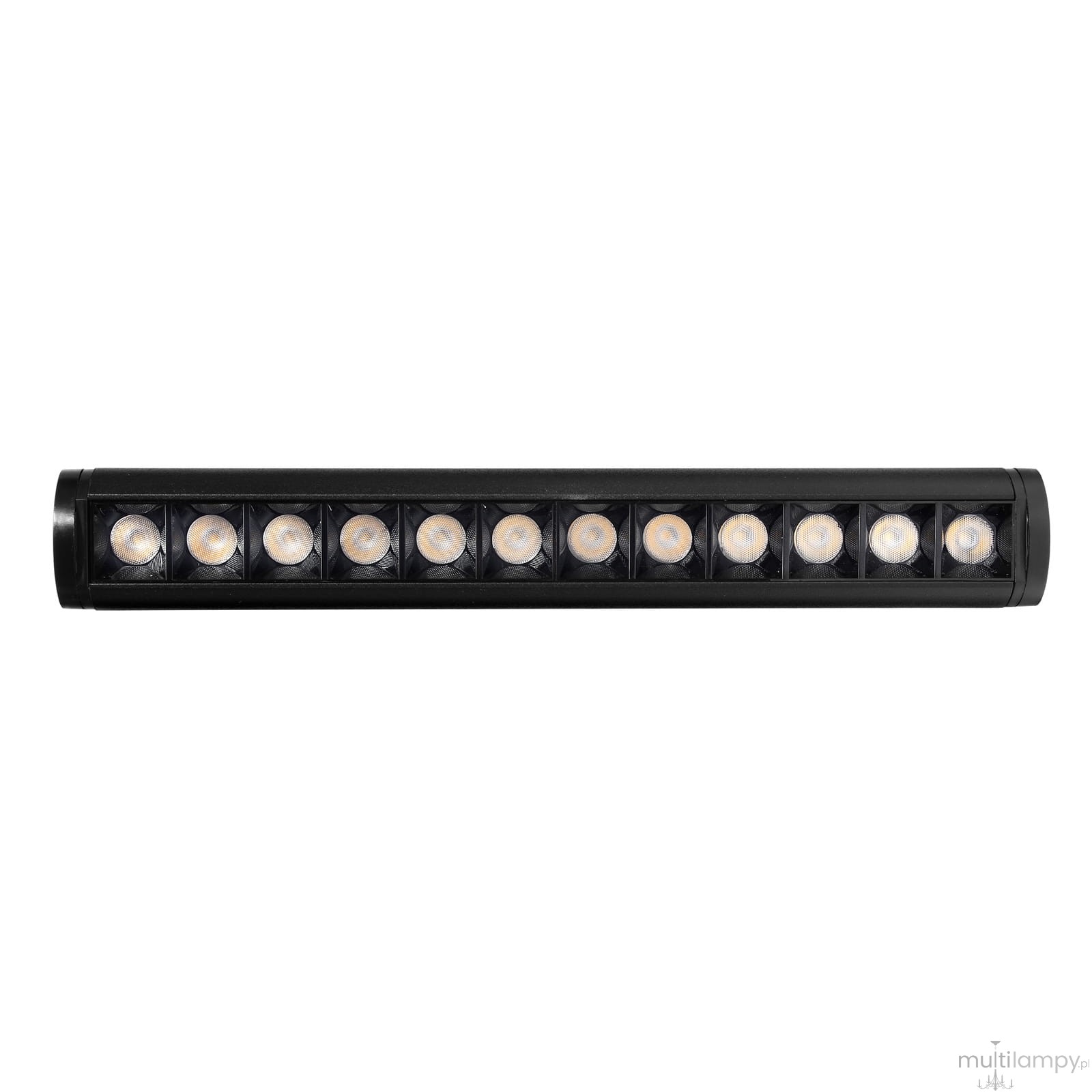 Lampa spot LED do szyny magnetycznej, czarna, o długości zbliżonej do 1 metra, z 12 diodami LED emitującymi światło o temperaturze barwowej 3000K. Zainstalowana w poziomie, z widocznymi soczewkami w metalowych osłonach.