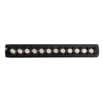 Lampa spot LED do szyny magnetycznej, czarna, o długości zbliżonej do 1 metra, z 12 diodami LED emitującymi światło o temperaturze barwowej 3000K. Zainstalowana w poziomie, z widocznymi soczewkami w metalowych osłonach.