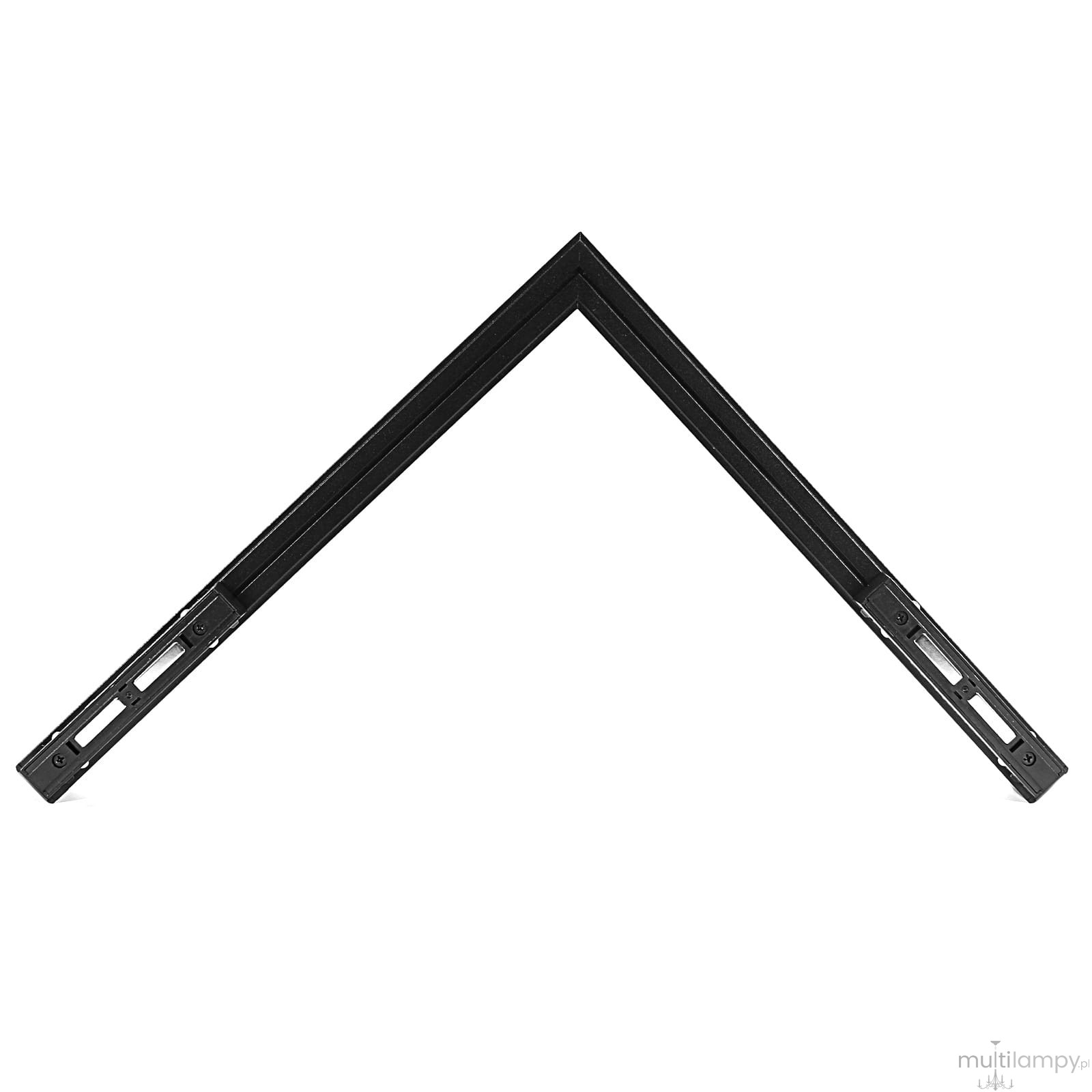 Lampa LED narożna do szyny magnetycznej, czarna, o mocy 24W i temperaturze barwowej 3000K. Produkt prezentowany pod kątem, w kształcie litery L, z widocznymi złączami do montażu w szynach. Idealna do oświetlenia wnętrz.