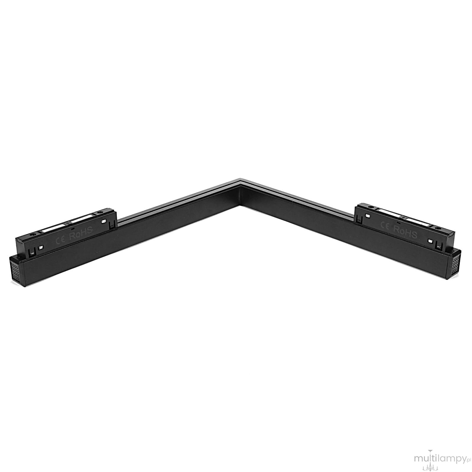 Lampa LED narożna do szyny magnetycznej, czarna, o mocy 24W i barwie światła 3000K. Ujęcie z boku, ukazujące kąt oraz złącza do montażu. Prosta, kwadratowa konstrukcja, idealna do oświetlenia przestrzeni.