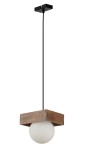 Lampa wisząca Bloom 1-punktowa w czarnej oprawie z drewnianym, brązowym kloszem i białą, okrągłą żarówką. Zawieszona na cienkim, czarnym przewodzie, z minimalistycznym, kwadratowym mocowaniem sufitowym.