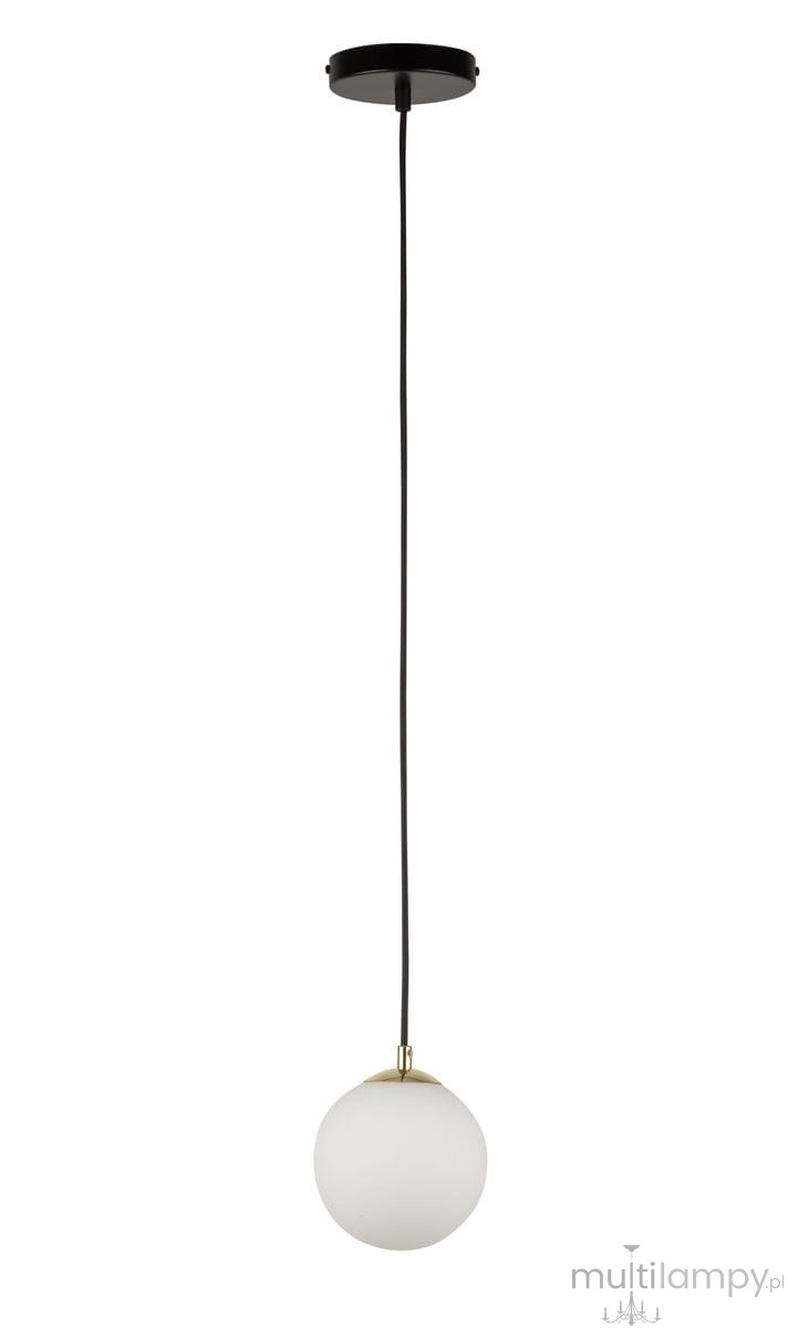 Lampa wisząca Piano 1-punktowa w kolorze czarnym z okrągłym kloszem z mlecznego szkła. Zawieszona na cienkim, czarnym kablu. Metalowy uchwyt w złotym kolorze. Prosta forma, idealna do nowoczesnych wnętrz.