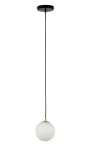 Lampa wisząca Piano 1-punktowa w kolorze czarnym z okrągłym kloszem z mlecznego szkła. Zawieszona na cienkim, czarnym kablu. Metalowy uchwyt w złotym kolorze. Prosta forma, idealna do nowoczesnych wnętrz.
