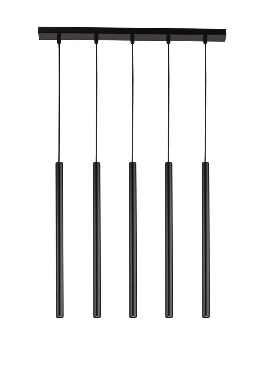 Lampa wisząca Sopel Prosty 5-punktowa w kolorze czarnym. Składa się z pięciu długich, cylindrycznych źródeł światła zawieszonych na cienkich linkach. Ujęcie frontalne, produkt zamontowany na prostokątnej podstawie.