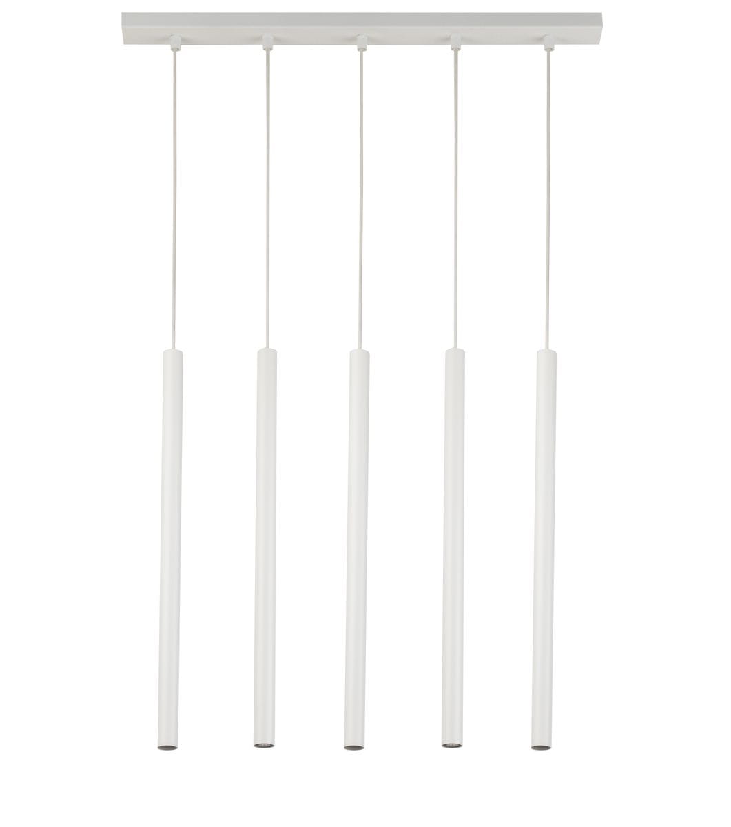 Biała lampa wisząca 5-punktowa Sopel Prosty z pięcioma cylindrycznymi kloszami zawieszonymi na cienkich linkach. Lampa ma prosty, nowoczesny design, montowana do sufitu. Idealna do oświetlenia przestrzeni wewnętrznych.