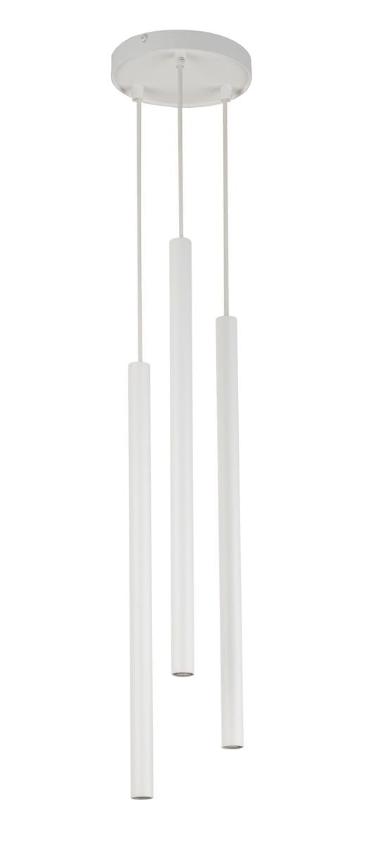 Biała lampa wisząca Sopel Koło z trzema cylindrycznymi kloszami, zawieszona na cienkich linkach. Klasyczny, minimalistyczny design z okrągłą podstawą sufitową. Świetna do nowoczesnych wnętrz.