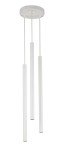 Biała lampa wisząca Sopel Koło z trzema cylindrycznymi kloszami, zawieszona na cienkich linkach. Klasyczny, minimalistyczny design z okrągłą podstawą sufitową. Świetna do nowoczesnych wnętrz.