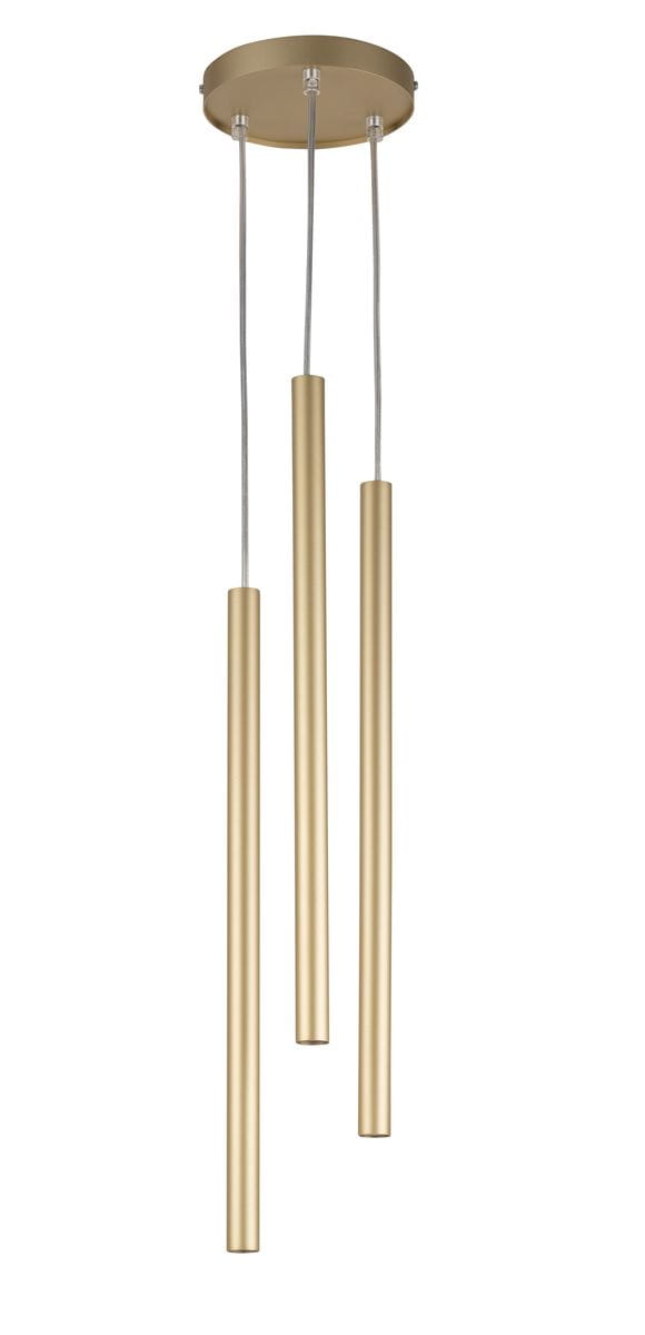 Lampa wisząca Sopel Koło z trzema złotymi, prostokątnymi punktami świetlnymi, zawieszona na cienkich przewodach. Elementy metalowe o matowej powierzchni, zamontowane na okrągłej podstawie w tym samym kolorze. Idealna do nowoczesnych wnętrz.