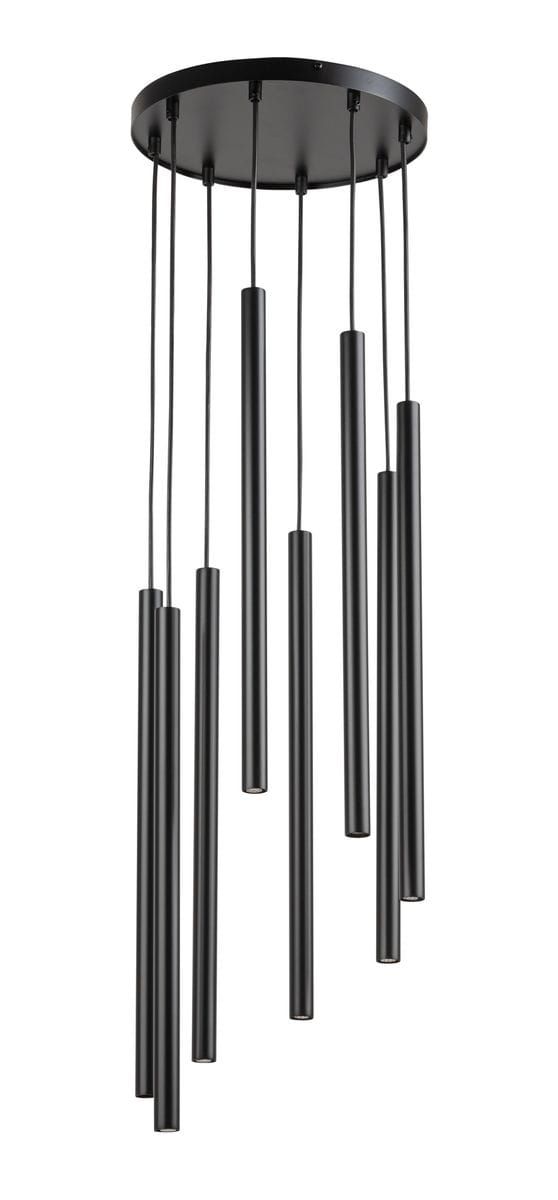 Czarna lampa wisząca Sopel Koło z ośmioma cylindrycznymi punktami świetlnymi, zawieszona na cienkich przewodach. Okrągła podsufitka w kolorze czarnym, minimalistyczny design. Wisi w pionie, idealna do nowoczesnych wnętrz.