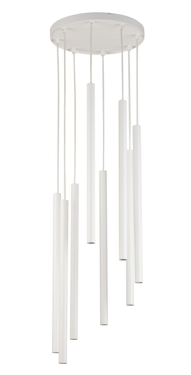Lampa wisząca Sopel Koło 8-punktowa w kolorze białym, z okrągłym stelażem. Osiem długich, prostokątnych elementów świetlnych zwisających na cienkich linkach. Produkt zawieszony w pozycji pionowej, na jednolitym tle.