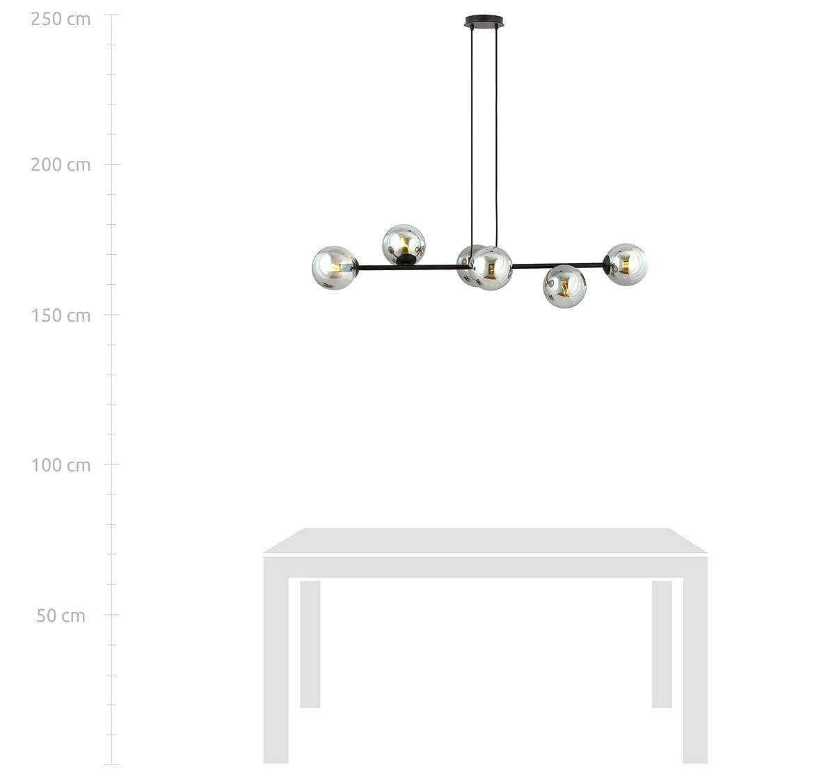 Rossi lampa wisząca 6-punktowa w kolorze czarnym i grafitowym, z sześcioma metalowymi kulami, zawieszona na cienkich linkach. Produkt wisi nad białym stołem, z widocznymi wymiarami na tle.