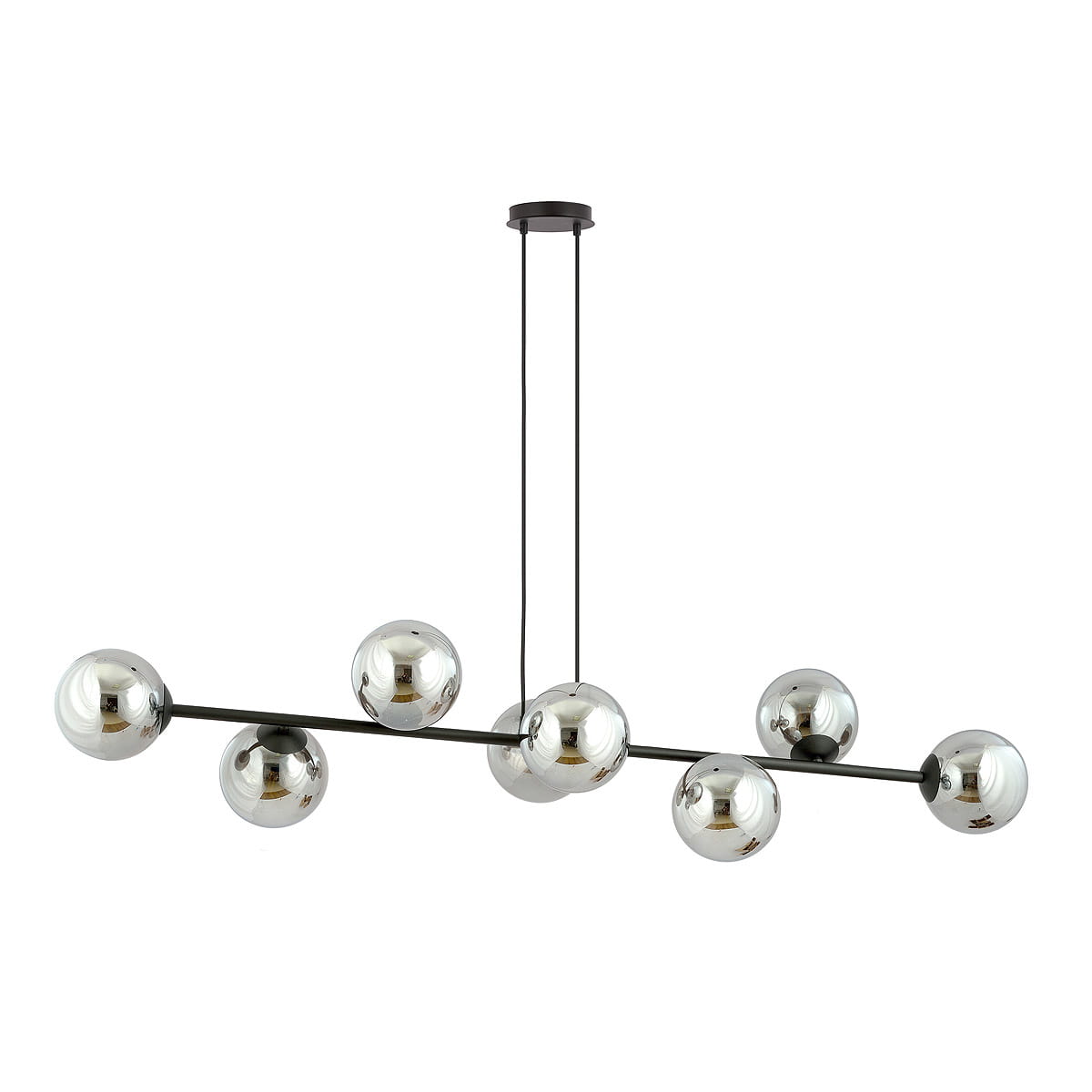Lampa wisząca Rossi 8-punktowa w kolorze czarnym i grafitowym. Posiada prostą konstrukcję z ośmioma metalowymi kulami w kolorze srebrnym, zawieszona na dwóch linkach. Ujęcie frontalne, produkt wisi w powietrzu na jednolitym tle.