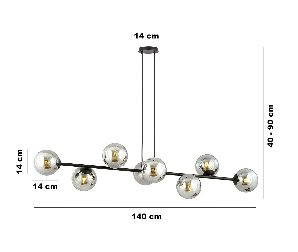 Lampa wisząca Rossi 8-punktowa w kolorze czarnym i grafitowym. Składa się z ośmiu kulistych kloszy o średnicy 14 cm, zawieszonych na prostym metalowym ramieniu o długości 140 cm, regulowana wysokość 40-90 cm.