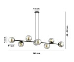 Lampa wisząca Rossi 8-punktowa w kolorze czarnym i grafitowym. Składa się z ośmiu kulistych kloszy o średnicy 14 cm, zawieszonych na prostym metalowym ramieniu o długości 140 cm, regulowana wysokość 40-90 cm.