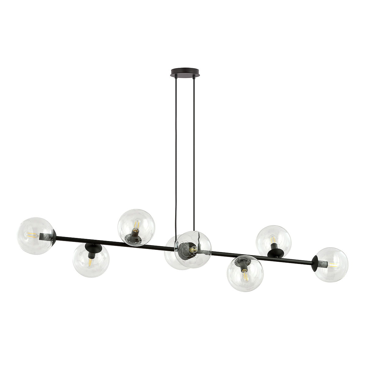 Lampa wisząca Rossi 8-punktowa w kolorze czarnym i transparentnym, z sześcioma szklanymi kloszami w kształcie kul na poziomej metalowej rurze. Zawieszona na cienkich linkach, montowana do sufitu.