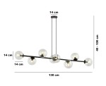 Lampa wisząca Rossi 8-punktowa w kolorze czarnym i transparentnym, z ośmioma okrągłymi kloszami. Wymiary: długość 130 cm, wysokość regulowana 40-100 cm, średnica kloszy 14 cm. Produkt zawieszony na dwóch przewodach.