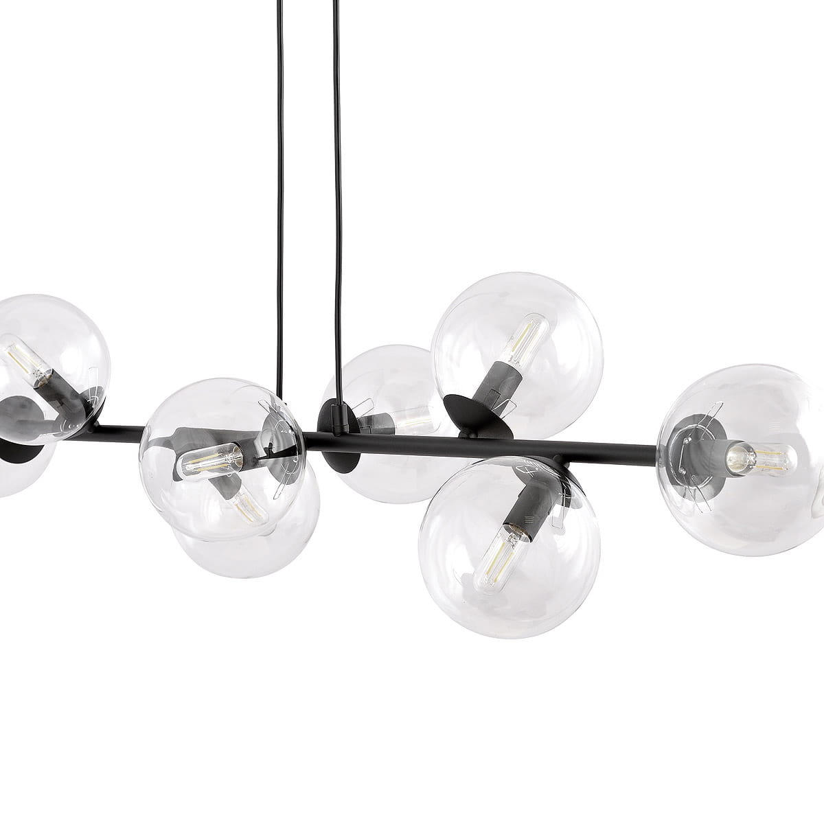 Lampa wisząca Rossi 8-punktowa w kolorze czarnym z transparentnymi kulami. Ujęcie z góry, ukazujące okrągłe klosze i czarną konstrukcję. Widoczne źródła światła wewnątrz szklanych kul. Długość zwisu regulowana za pomocą przewodów.