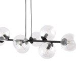 Lampa wisząca Rossi 8-punktowa w kolorze czarnym z transparentnymi kulami. Ujęcie z góry, ukazujące okrągłe klosze i czarną konstrukcję. Widoczne źródła światła wewnątrz szklanych kul. Długość zwisu regulowana za pomocą przewodów.