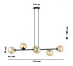 Lampa wisząca Rossi 6-punktowa w kolorze czarnym z bursztynowymi kloszami. Wymiary: długość 110 cm, wysokość regulowana 40-100 cm. Klosze o średnicy 14 cm, umieszczone na prostym, poziomym ramieniu.