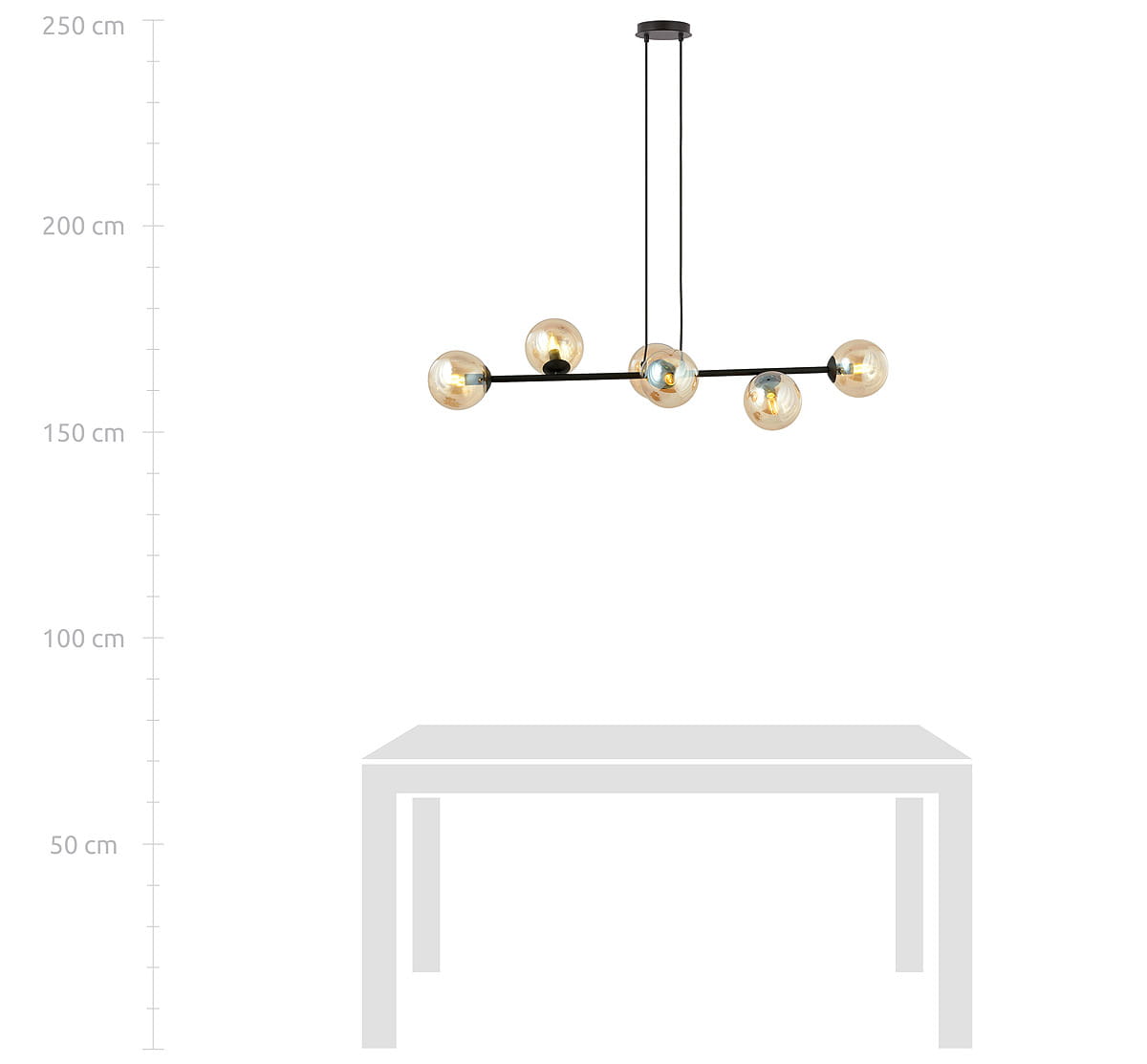 Lampa wisząca Rossi 6-punktowa w kolorze czarnym z bursztynowymi kloszami. Ułożona poziomo, zawieszona na dwóch linkach. Wymiary do 250 cm. Idealna do nowoczesnych wnętrz.