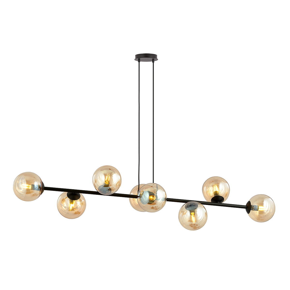 Lampa wisząca Rossi 8-punktowa w kolorze czarnym z bursztynowymi kloszami. Ułożona poziomo z siedmioma kulistymi źródłami światła na metalowym stelażu. Wisi na dwóch cienkich linkach, tworząc nowoczesny wygląd.