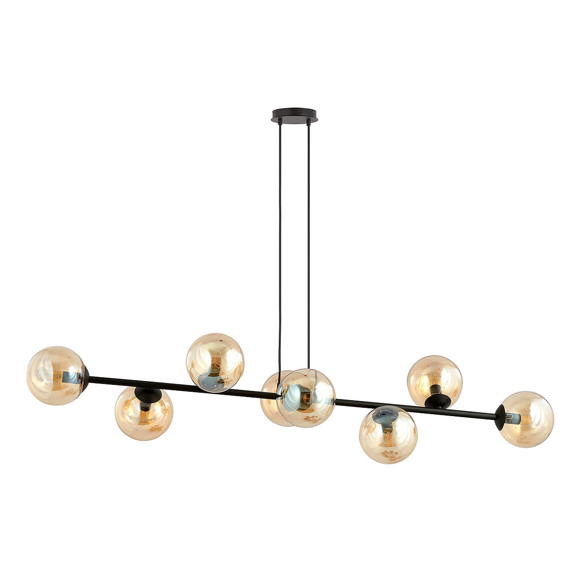 Lampa wisząca Rossi 8-punktowa w kolorze czarnym z bursztynowymi kloszami. Zawieszona na dwóch cienkich linkach, z prostą konstrukcją i okrągłymi, przezroczystymi kulami. Idealna do nowoczesnych wnętrz.