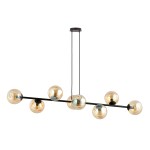 Lampa wisząca Rossi 8-punktowa w kolorze czarnym z bursztynowymi kloszami. Zawieszona na dwóch cienkich linkach, z prostą konstrukcją i okrągłymi, przezroczystymi kulami. Idealna do nowoczesnych wnętrz.