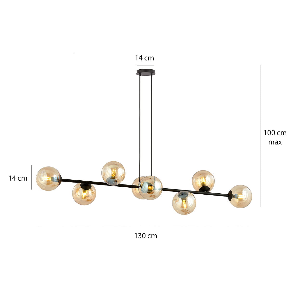 Rossi lampa wisząca 8-punktowa w kolorze czarnym z bursztynowymi kloszami. Ułożona poziomo, długość 130 cm, wysokość 14 cm. Wisi na cienkich przewodach, prezentując nowoczesny design z przezroczystymi kulami.