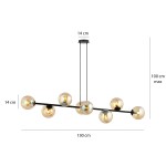 Rossi lampa wisząca 8-punktowa w kolorze czarnym z bursztynowymi kloszami. Ułożona poziomo, długość 130 cm, wysokość 14 cm. Wisi na cienkich przewodach, prezentując nowoczesny design z przezroczystymi kulami.