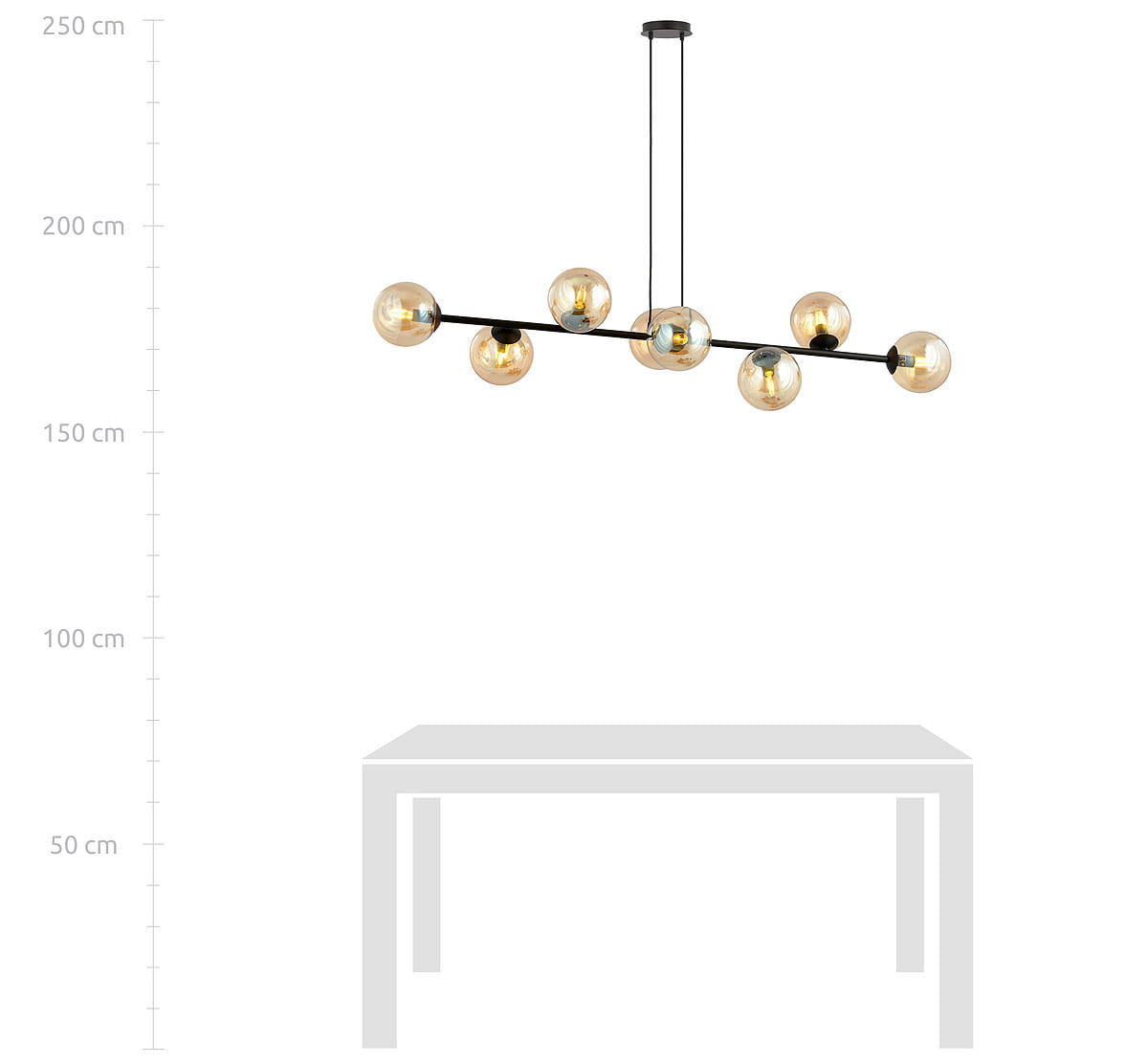 Lampa wisząca Rossi 8-punktowa, czarna z bursztynowymi kloszami, zawieszona na cienkich linkach. Prosta konstrukcja z ośmioma kulistymi źródłami światła, idealna do nowoczesnych wnętrz. Widoczny kontekst z tabelą poniżej.