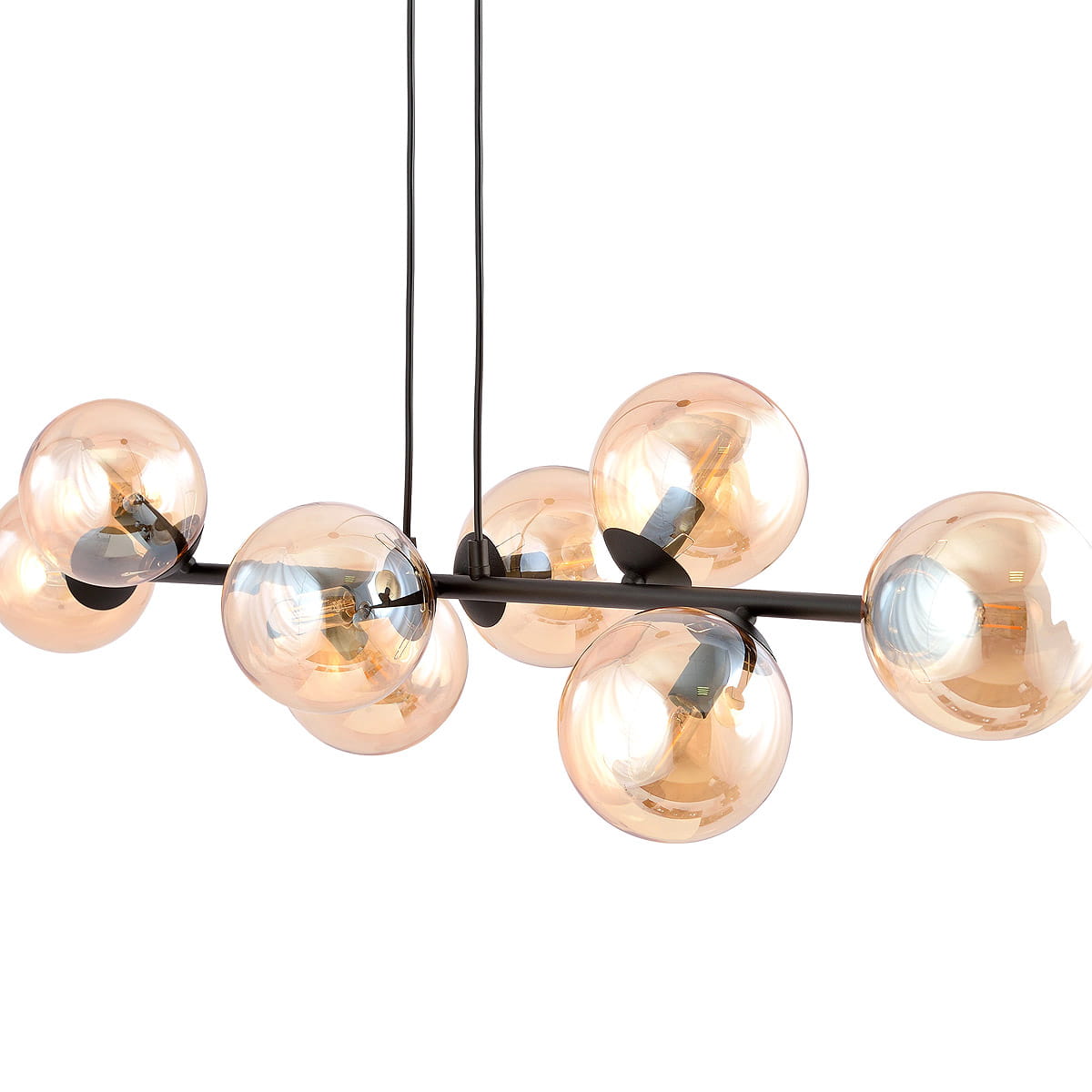 Lampa wisząca Rossi 8-punktowa w kolorze czarnym z bursztynowymi kulami. Produkt zawiera osiem szklanych kloszy na metalowej konstrukcji, zamontowany w układzie poziomym. Kule mają lekko przezroczysty wygląd, tworząc elegancki efekt świetlny.